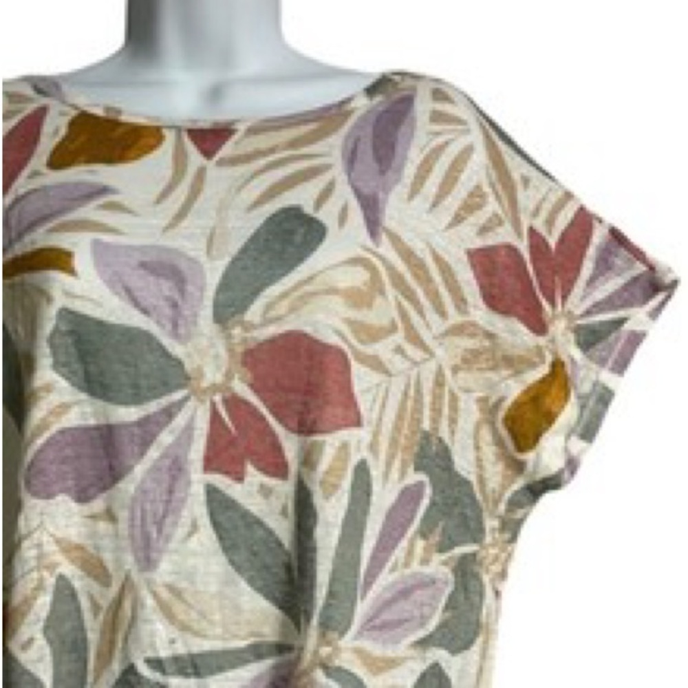 Nicole Miller 100% Linen Tropical Floral Short Sleeve Top T-Shirt XL EUC